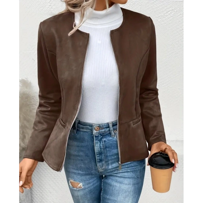 Kadın Uzun Kollu Yuvarlak Yaka önden Fermuarlı Süet Ceket