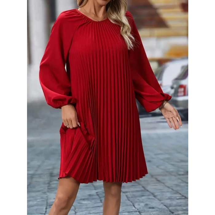 Kadın Uzun Kollu Yuvarlak Yaka Pileli Salaş Mini Ithal Krep Elbise