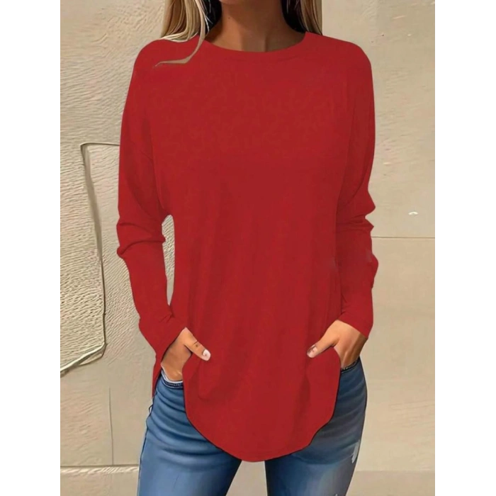 Kadın Uzun Kollu Yuvarlak Yaka Salaş Iki Iplik Bluz