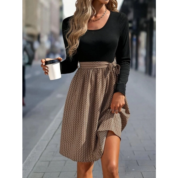 Kadın Uzun Kollu Yuvarlak Yaka üst Viskon Alt Süprem Midi Elbise