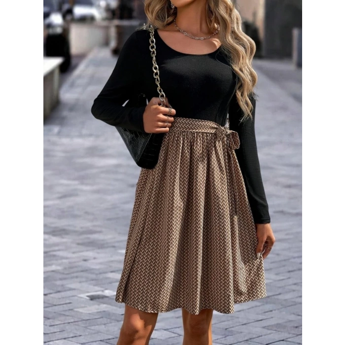 Kadın Uzun Kollu Yuvarlak Yaka üst Viskon Alt Süprem Midi Elbise