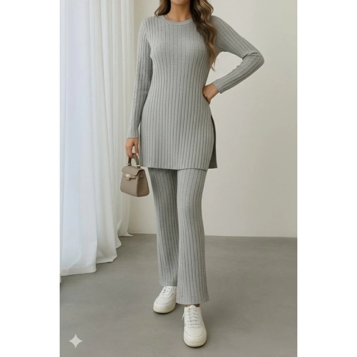 Kadın Uzun Kollu Yuvarlak Yaka Yandan Yırtmaç Detaylı şardonlu Kaşkorse Bluz Ve Pantolon Ikili Takım