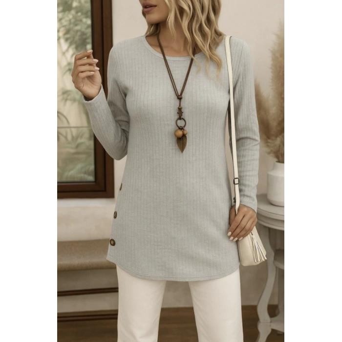 Kadın Uzun Kollu Yuvarlak Yaka Yandan Yırtmaçlı Düğmeli şardonlu Kaşkorse Bluz