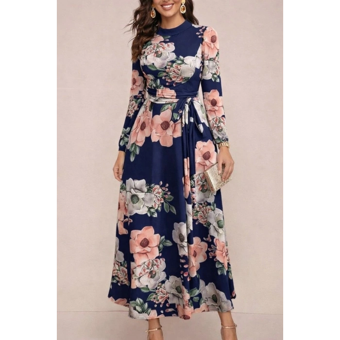 Kadın Uzun Kollu Yuvarlak Yakalı Beli Kuşaklı Desenli Süprem Uzun Elbise