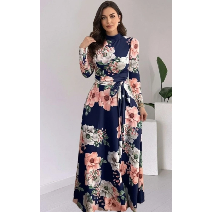 Kadın Uzun Kollu Yuvarlak Yakalı Beli Kuşaklı Desenli Süprem Uzun Elbise