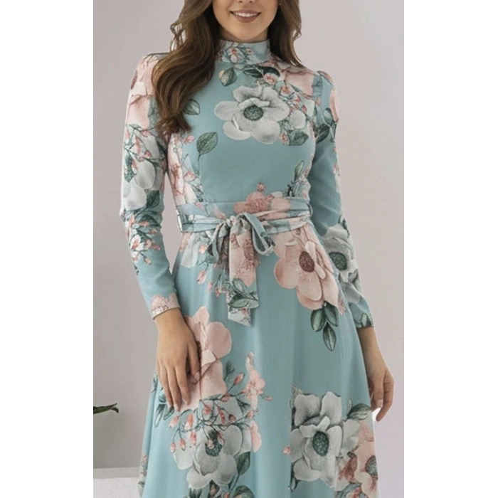 Kadın Uzun Kollu Yuvarlak Yakalı Beli Kuşaklı Desenli Süprem Uzun Elbise