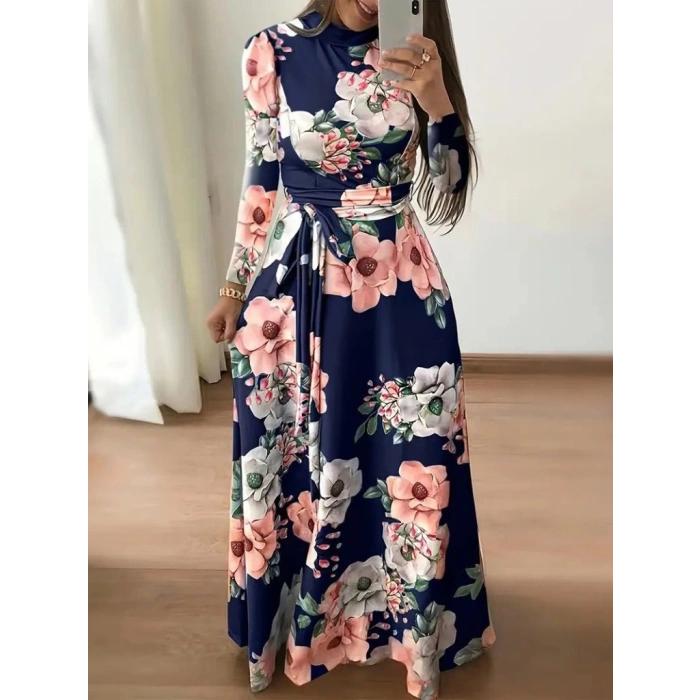 Kadın Uzun Kollu Yuvarlak Yakalı Beli Kuşaklı Desenli Süprem Uzun Elbise