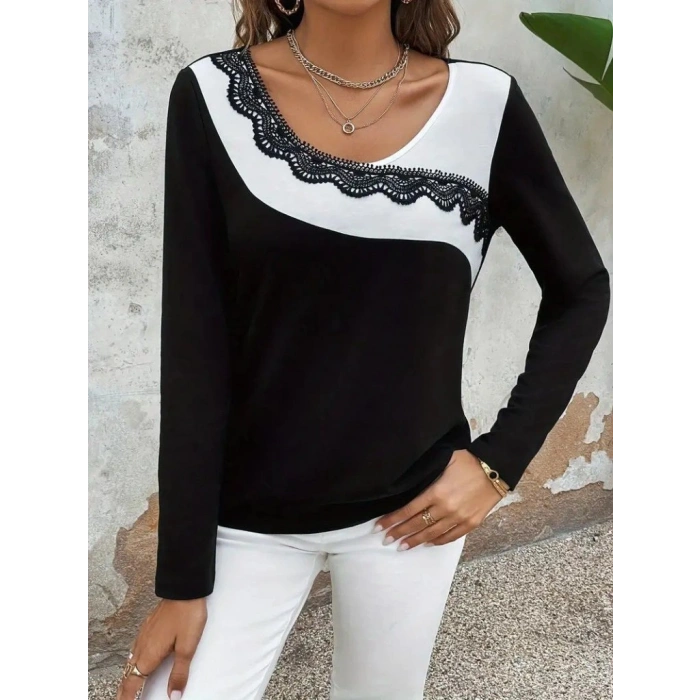 Kadın Uzun Kollu Yuvarlak Yakalı çift Renkli Dantel Detaylı Viskon Bluz