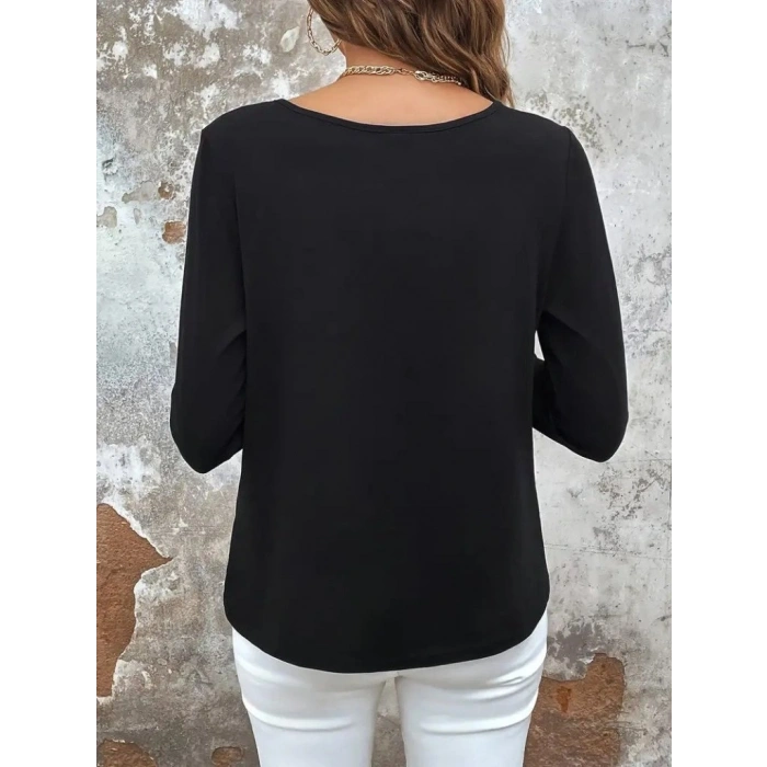 Kadın Uzun Kollu Yuvarlak Yakalı çift Renkli Dantel Detaylı Viskon Bluz