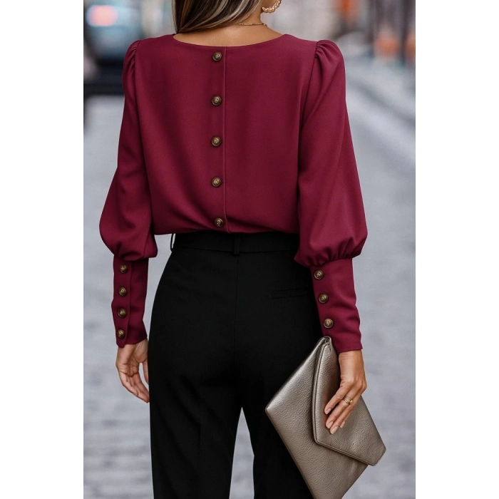 Kadın Uzun Kollu Yuvarlak Yakalı Düğmeli Ithal Krep Bluz