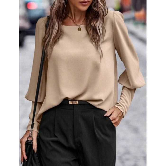 Kadın Uzun Kollu Yuvarlak Yakalı Düğmeli Ithal Krep Bluz