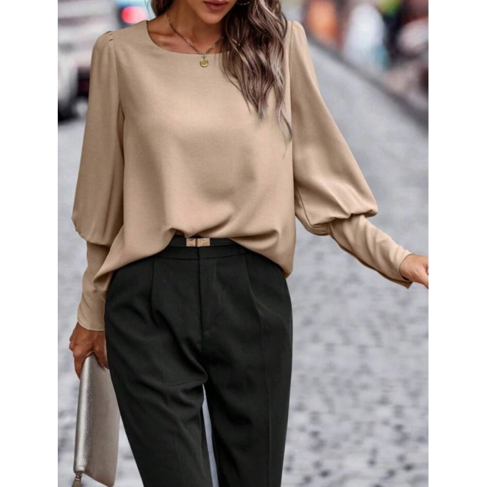 Kadın Uzun Kollu Yuvarlak Yakalı Düğmeli Ithal Krep Bluz