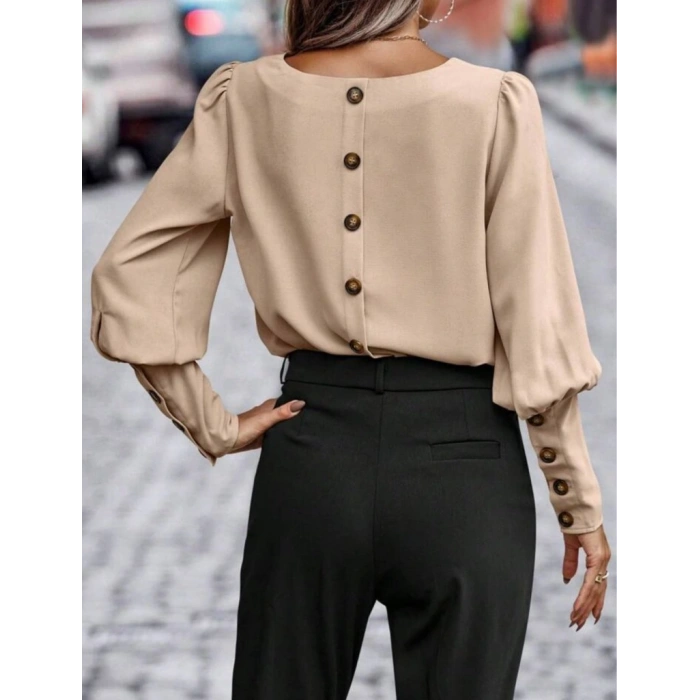 Kadın Uzun Kollu Yuvarlak Yakalı Düğmeli Ithal Krep Bluz