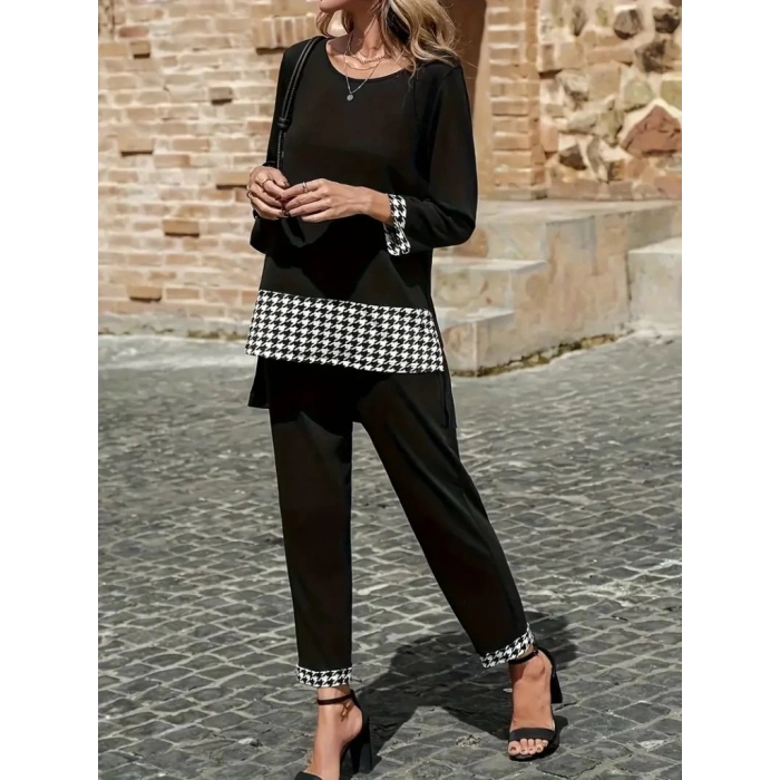 Kadın Uzun Kollu Yuvarlak Yakalı Kaz Ayağı Detaylı Viskon Iki Iplik Bluz Ve Pantolon Ikili Takım