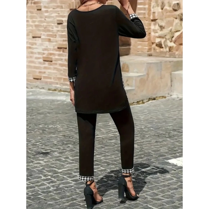 Kadın Uzun Kollu Yuvarlak Yakalı Kaz Ayağı Detaylı Viskon Iki Iplik Bluz Ve Pantolon Ikili Takım