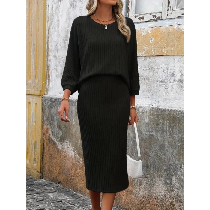 Kadın Uzun Kollu Yuvarlak Yakalı şardonlu Kaşkorse Bluz Ve Etek Ikili Takım