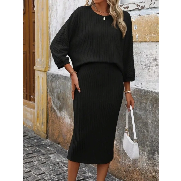 Kadın Uzun Kollu Yuvarlak Yakalı şardonlu Kaşkorse Bluz Ve Etek Ikili Takım