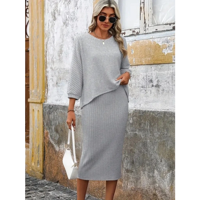 Kadın Uzun Kollu Yuvarlak Yakalı şardonlu Kaşkorse Bluz Ve Etek Ikili Takım