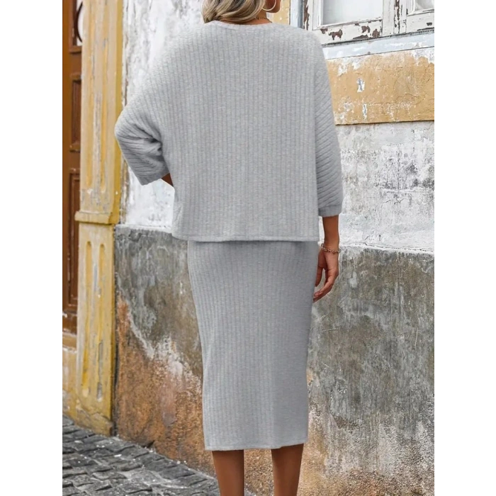 Kadın Uzun Kollu Yuvarlak Yakalı şardonlu Kaşkorse Bluz Ve Etek Ikili Takım