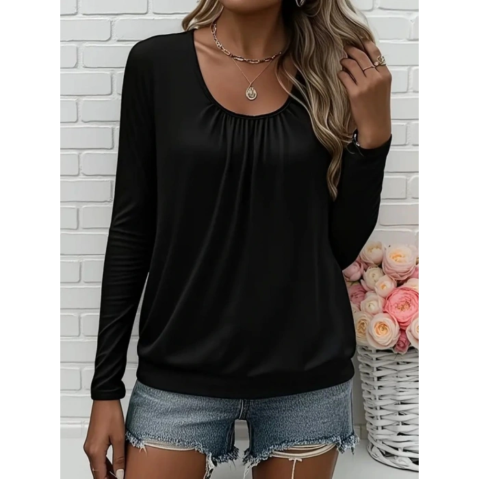 Kadın Uzun Kollu Yuvarlak Yakalı Viskon Bluz