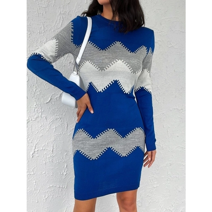 Kadın Uzun Kollu Zigzag Desen Triko Elbise