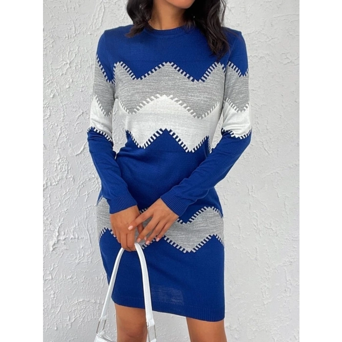 Kadın Uzun Kollu Zigzag Desen Triko Elbise