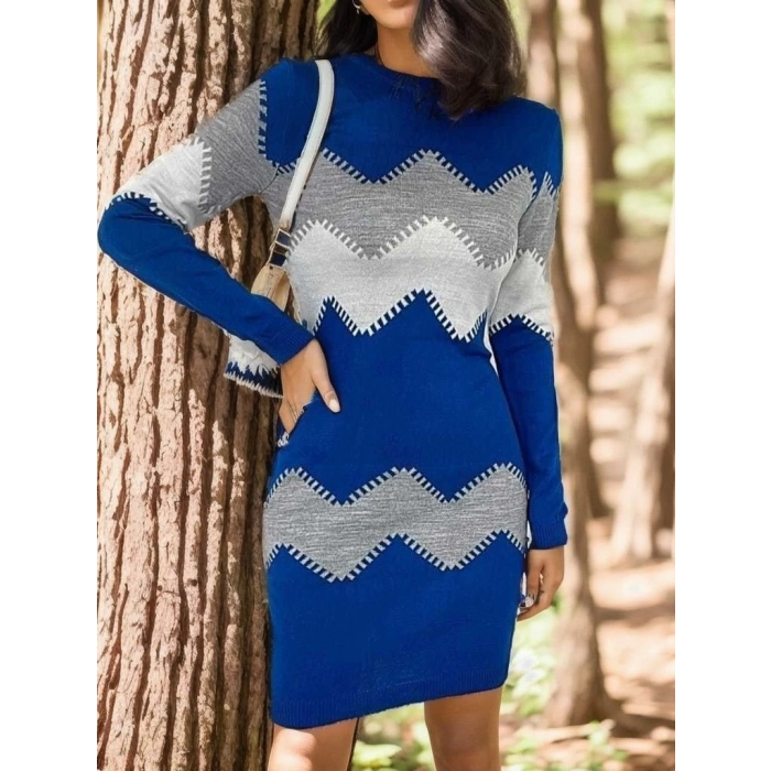 Kadın Uzun Kollu Zigzag Desen Triko Elbise