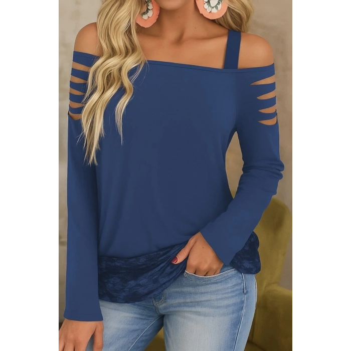 Kadın Uzun Lazer Kesik Detaylı Askılı Viskon Iki Iplik Bluz