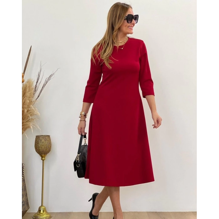 Kadın Uzun Truvakar Kol Bisiklet Yaka Midi Modal Elbise
