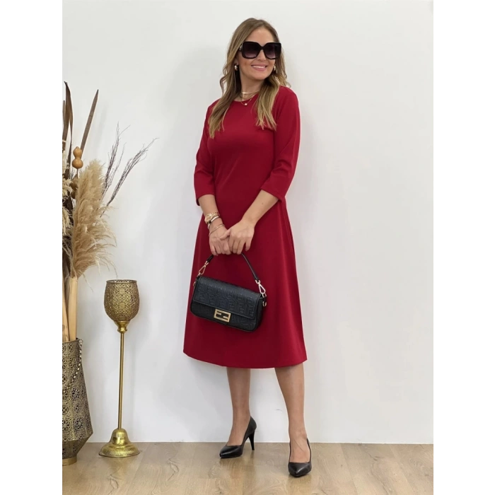 Kadın Uzun Truvakar Kol Bisiklet Yaka Midi Modal Elbise