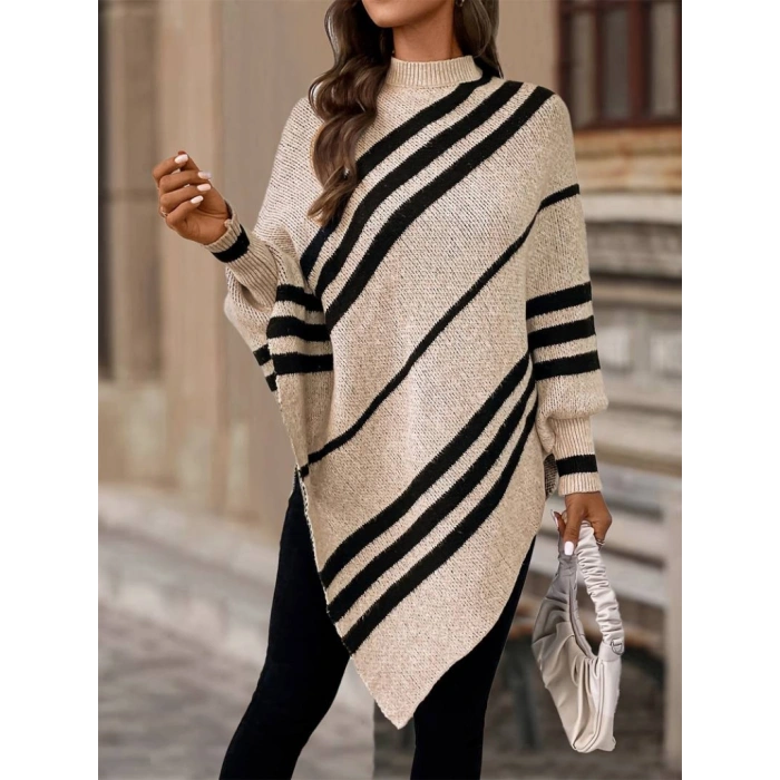 Kadın Uzun Yarasa Kollu Yüksek Boyunlu Asimetrik Kesim Triko Pelerin Kazak