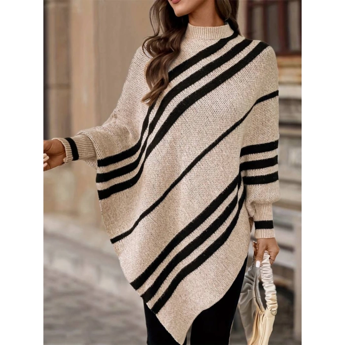 Kadın Uzun Yarasa Kollu Yüksek Boyunlu Asimetrik Kesim Triko Pelerin Kazak