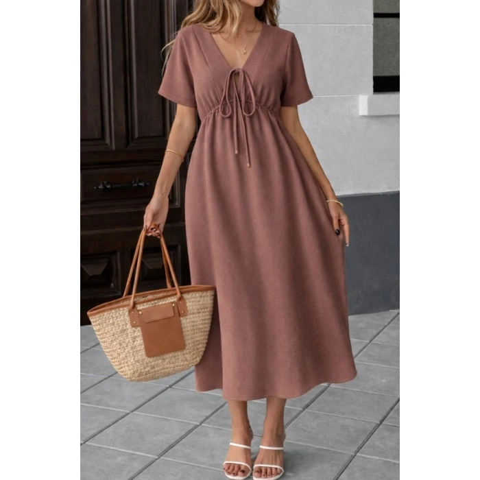 Kadın V Yaka Büzgülü Ip Detay Aerobin Kumaş Elbise