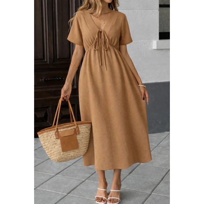 Kadın V Yaka Büzgülü Ip Detay Aerobin Kumaş Elbise