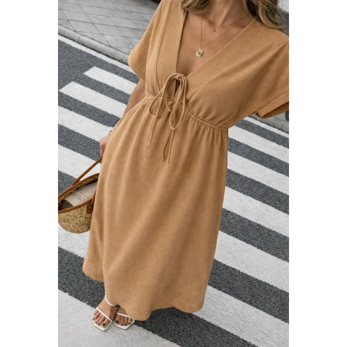 Kadın V Yaka Büzgülü Ip Detay Aerobin Kumaş Elbise