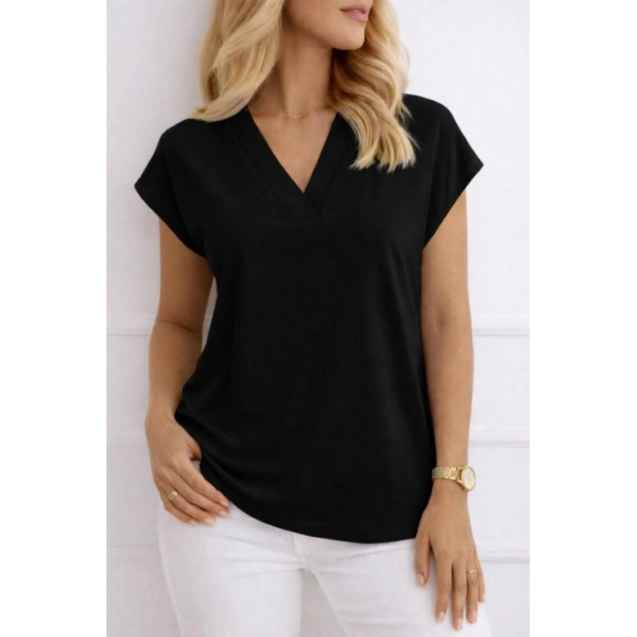 Kadın V Yaka Kısa Kol Dokuma Viskon Kumaş Bluz