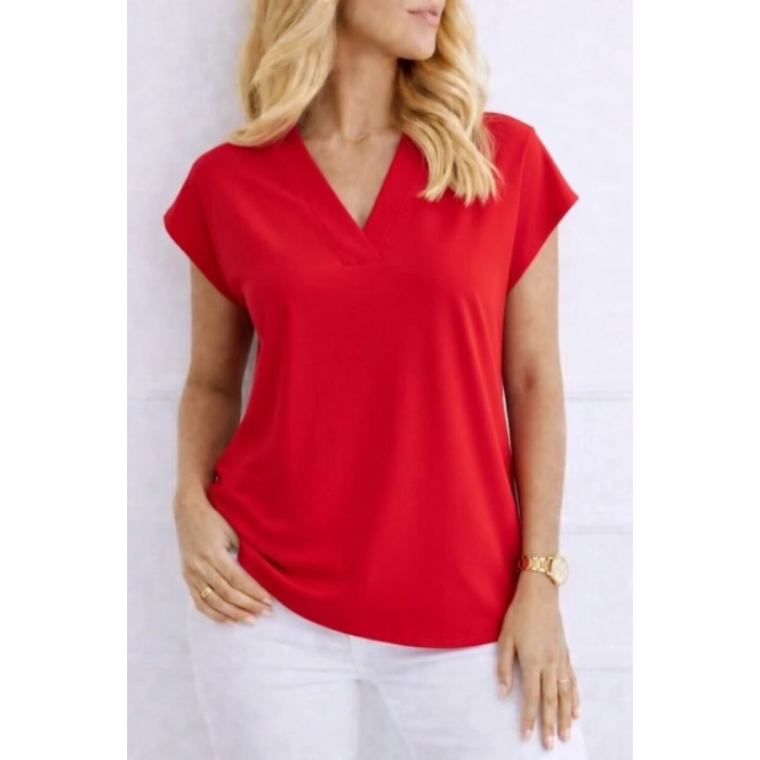 Kadın V Yaka Kısa Kol Dokuma Viskon Kumaş Bluz