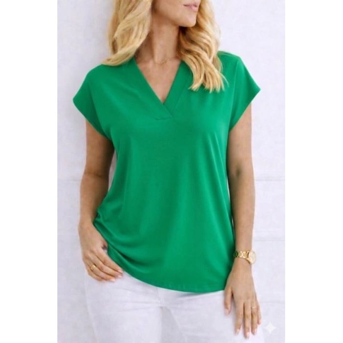 Kadın V Yaka Kısa Kol Dokuma Viskon Kumaş Bluz