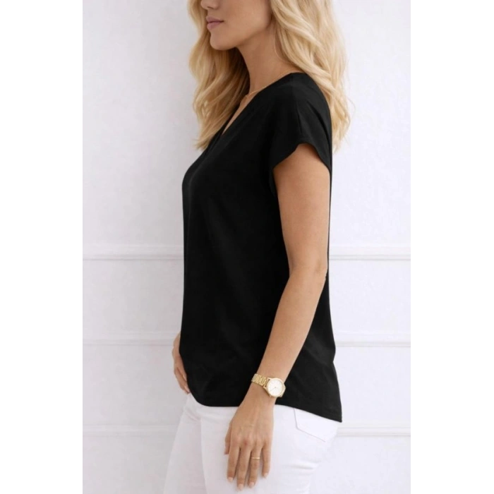 Kadın V Yaka Kısa Kol Dokuma Viskon Kumaş Bluz
