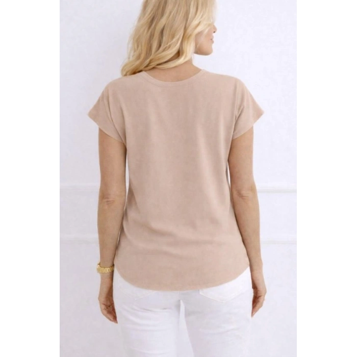 Kadın V Yaka Kısa Kol Dokuma Viskon Kumaş Bluz