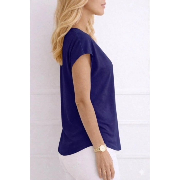 Kadın V Yaka Kısa Kol Dokuma Viskon Kumaş Bluz