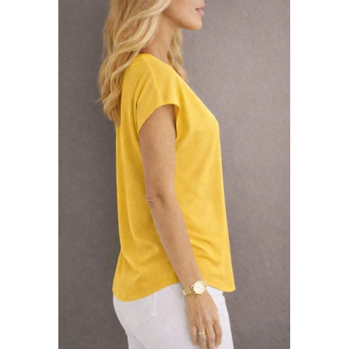 Kadın V Yaka Kısa Kol Dokuma Viskon Kumaş Bluz