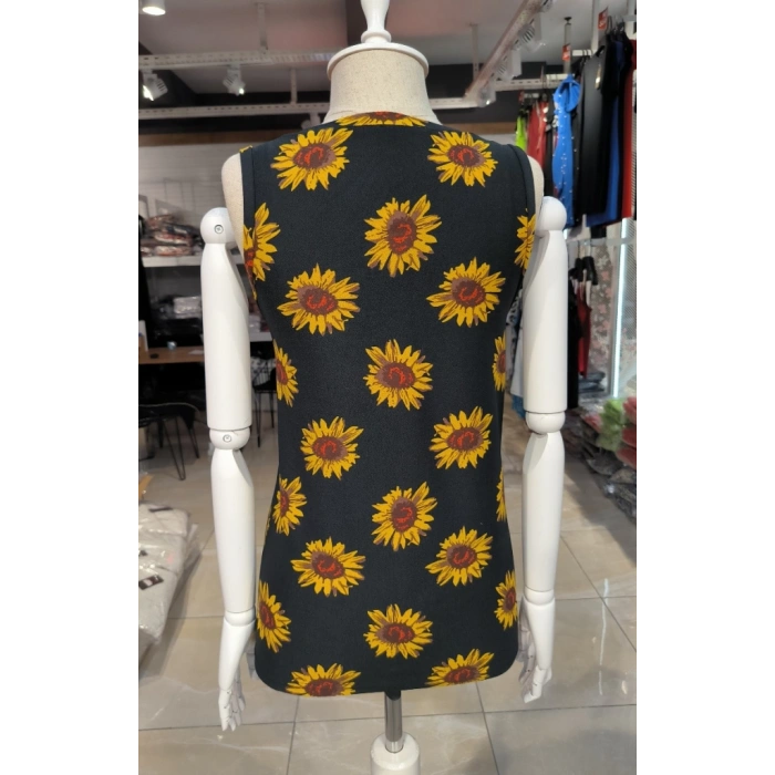 Kadın V Yaka Kolsuz Ayçiçeği Desen Krep Bluz