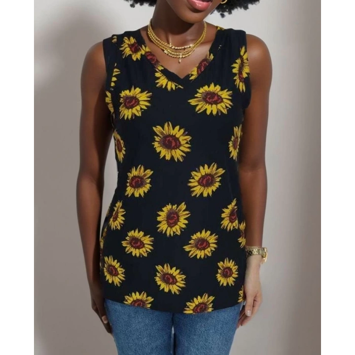 Kadın V Yaka Kolsuz Ayçiçeği Desen Krep Bluz