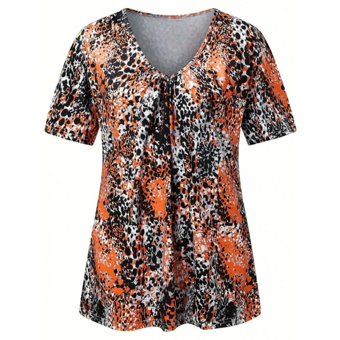 Kadın V Yaka Renkli Leopar Desen Büzgü Detay Süprem Bluz