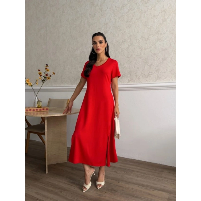Kadın V Yaka Yırtmaç Detaylı Midi Boy Elbise
