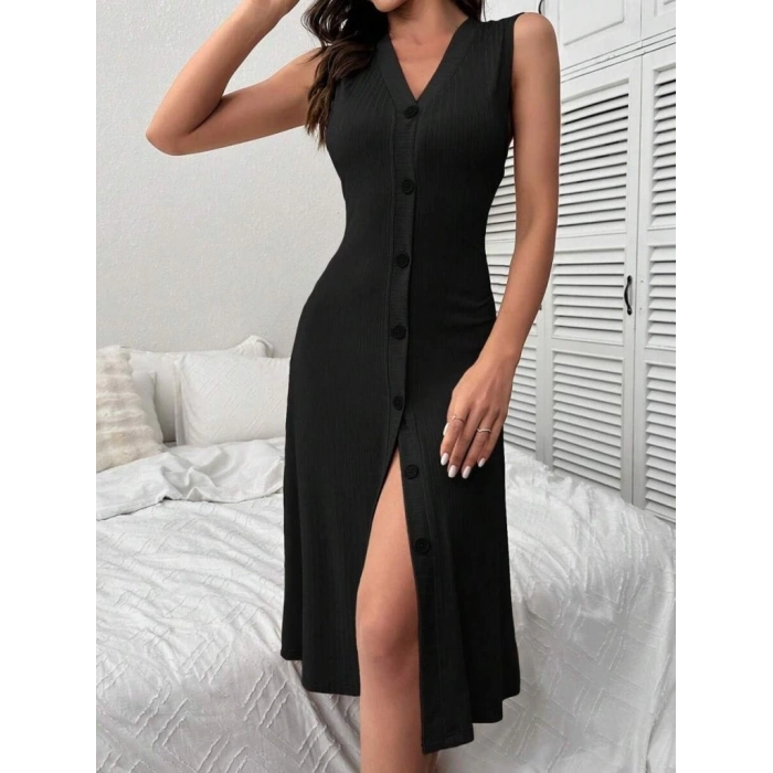 Kadın V Yakalı önden Düğmeli Kaşkorse Elbise