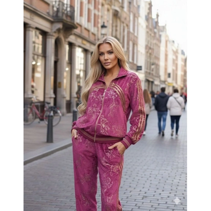 Kadın Varak Baskılı Kadife Kumaş Hırka Ve Pantolon Ikili Takım