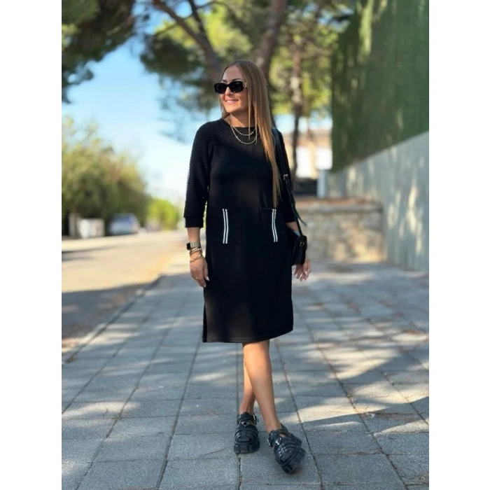 Kadın Viskon Pamuklu Kumaş Kol File , şerit Ve Cep Detaylı Elbise