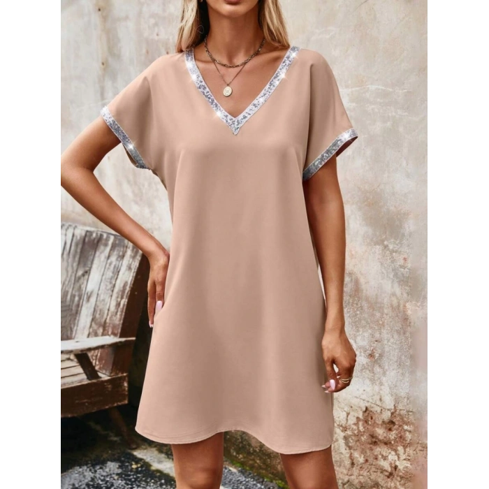 Kadın Yaka Ve Kol Pul Payet şeritli Ithal Krep Elbise